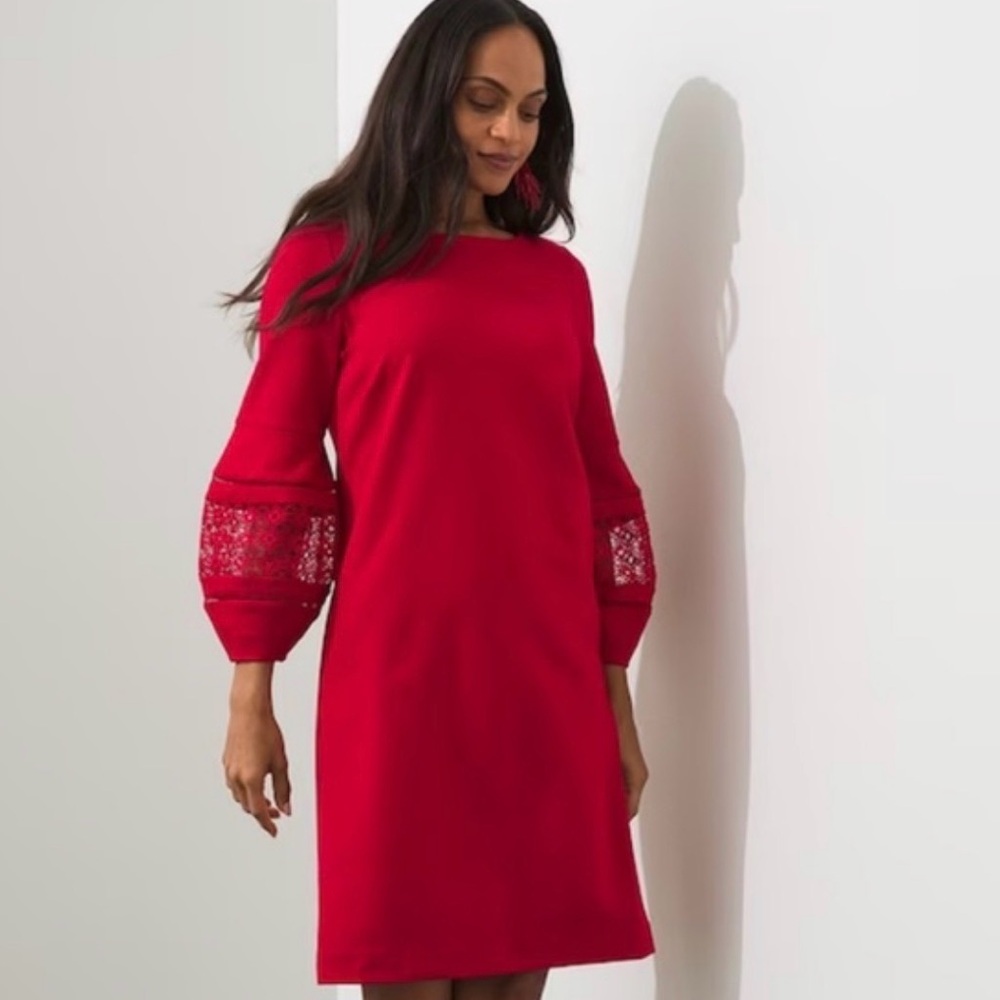 Chico's Vibrant Red Dress with Lace Sleeves, M